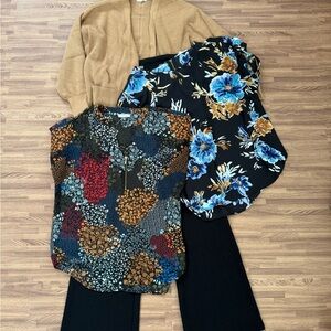 Maurice’s Outfit - Tan Ribbed Knit Sweater, black flare pants, Two Floral Shirts
